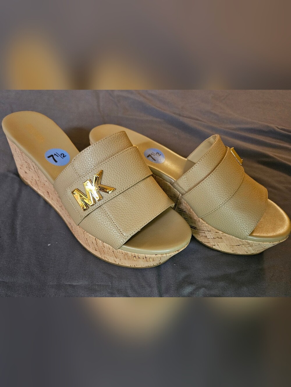 Michael Kors Taupe Wedge Slide Sandals with Gold MK Emblem